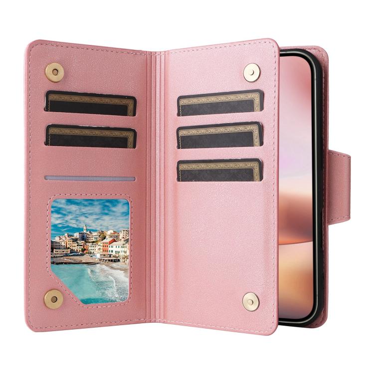 For iPhone 17 Rivet Buckle 9 Cards Three Fold Leather Phone Case