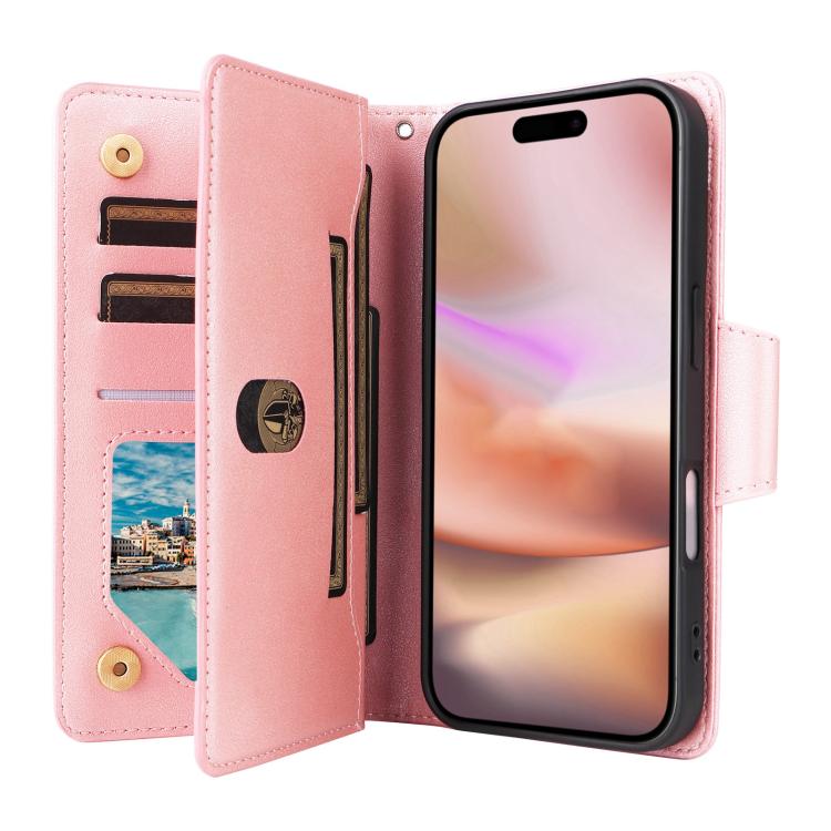 For iPhone 17 Rivet Buckle 9 Cards Three Fold Leather Phone Case