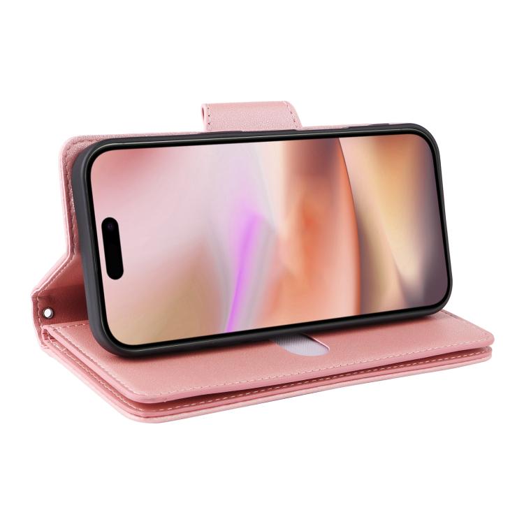 For iPhone 17 Rivet Buckle 9 Cards Three Fold Leather Phone Case