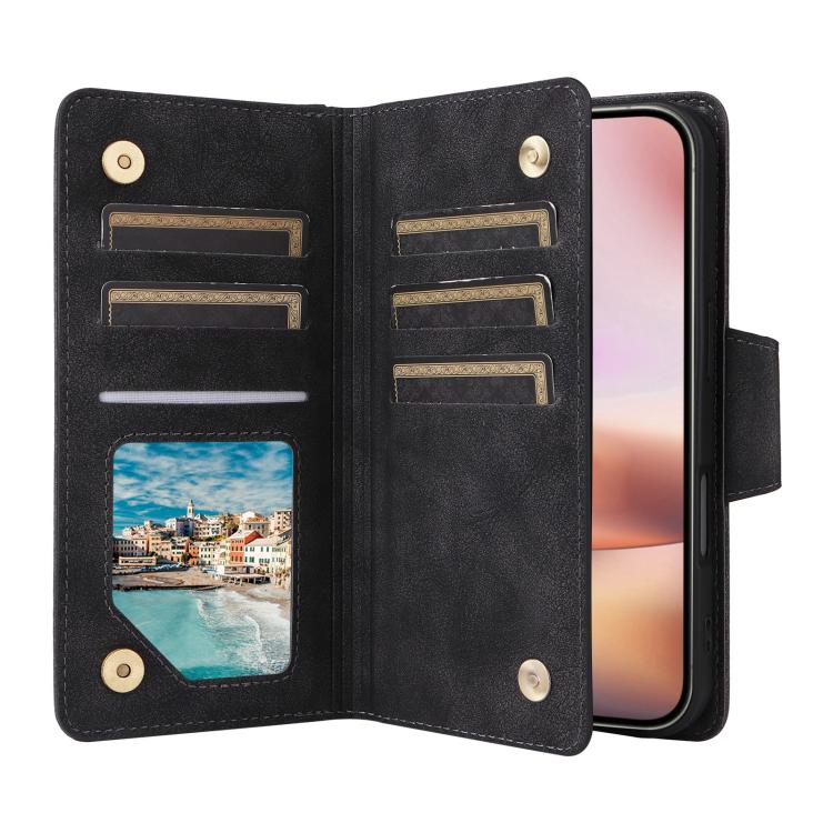 For iPhone 17 Rivet Buckle 9 Cards Three Fold Leather Phone Case