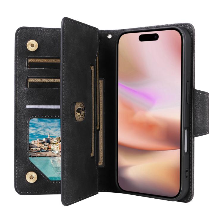 For iPhone 17 Rivet Buckle 9 Cards Three Fold Leather Phone Case