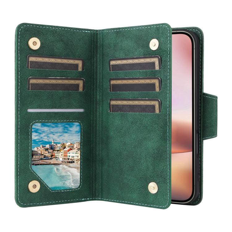 For iPhone 17 Rivet Buckle 9 Cards Three Fold Leather Phone Case