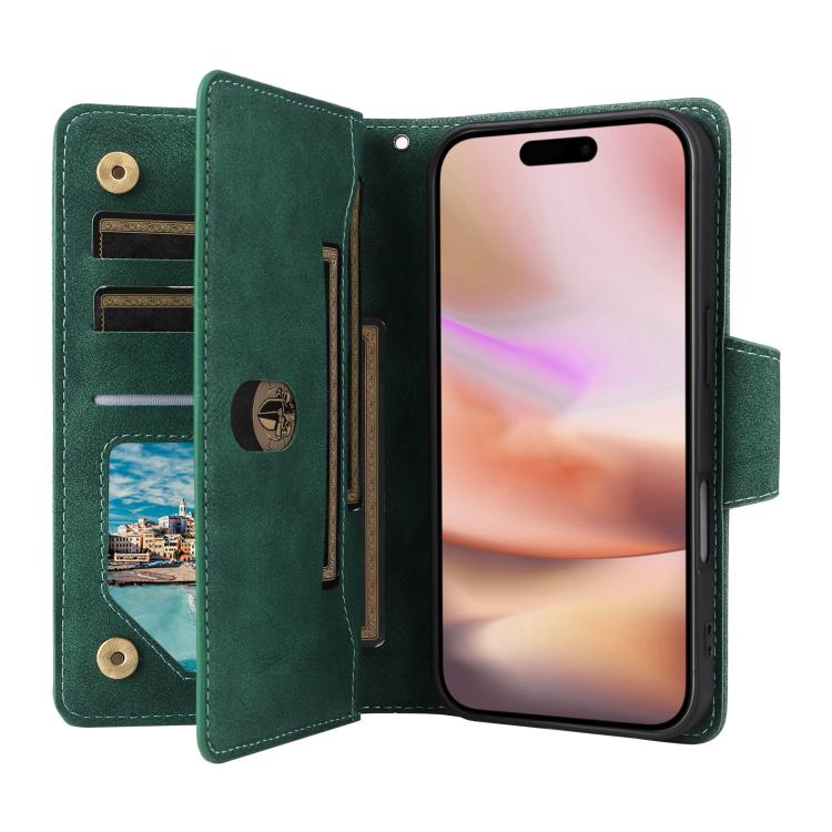 For iPhone 17 Rivet Buckle 9 Cards Three Fold Leather Phone Case