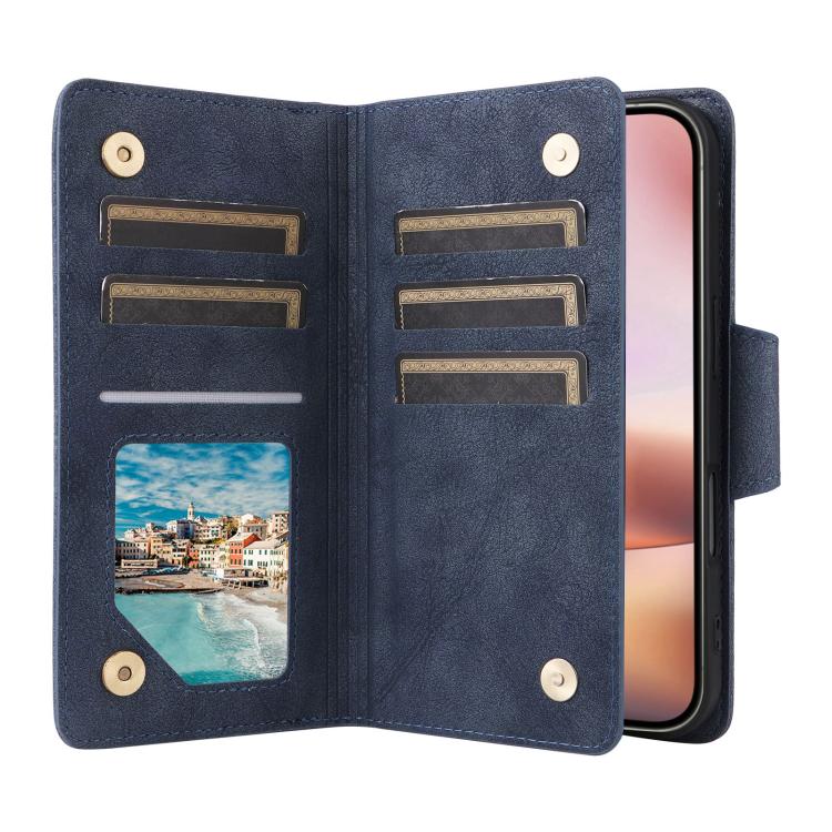 For iPhone 17 Rivet Buckle 9 Cards Three Fold Leather Phone Case