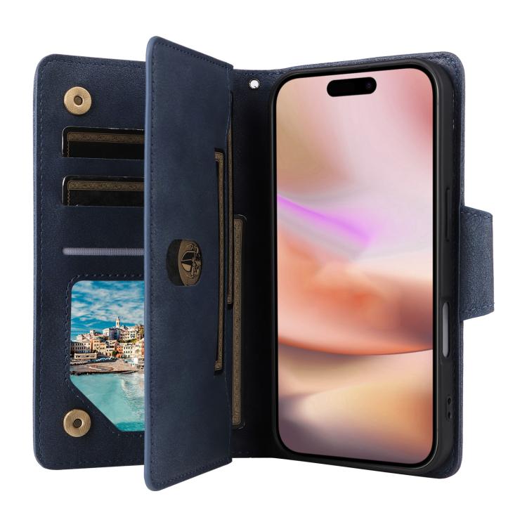 For iPhone 17 Rivet Buckle 9 Cards Three Fold Leather Phone Case