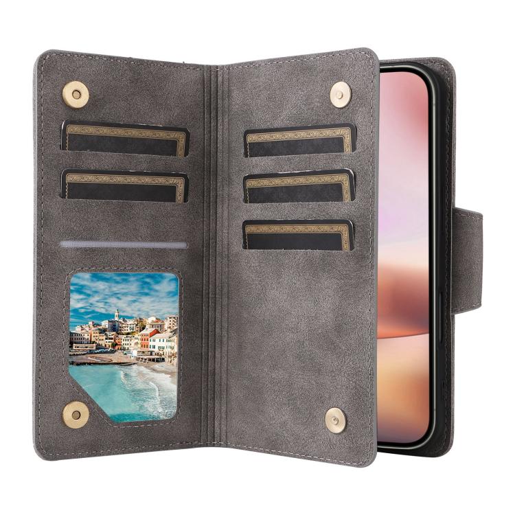 For iPhone 17 Rivet Buckle 9 Cards Three Fold Leather Phone Case