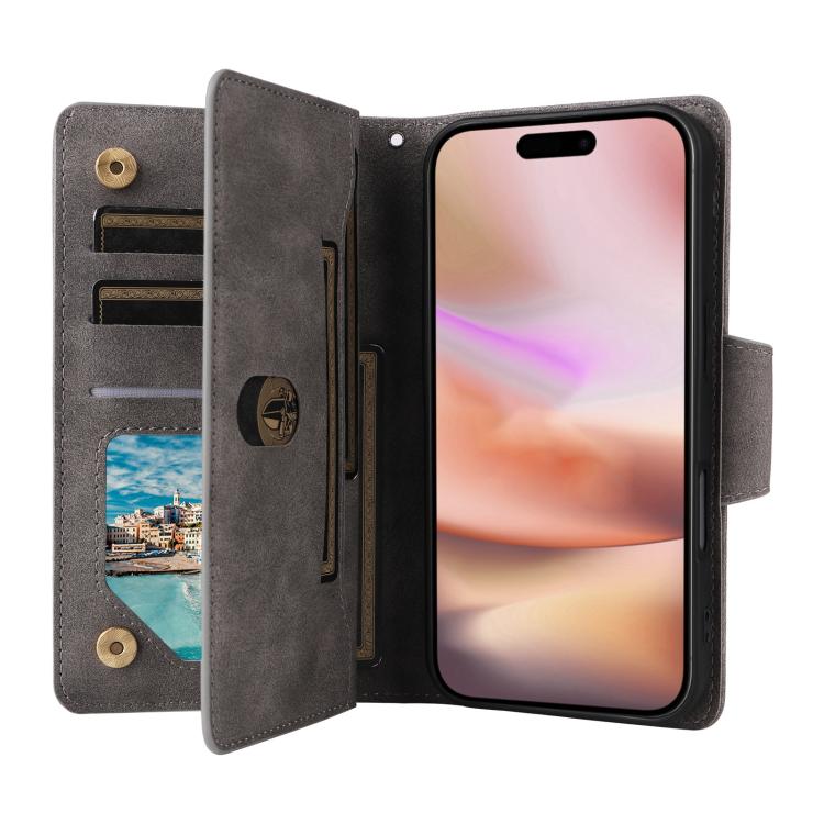 For iPhone 17 Rivet Buckle 9 Cards Three Fold Leather Phone Case