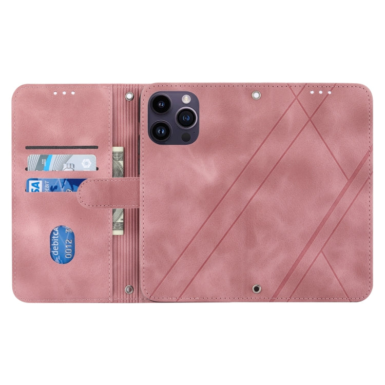 For iPhone 16 Pro Max Embossed Line Leather Phone Case with Lanyard