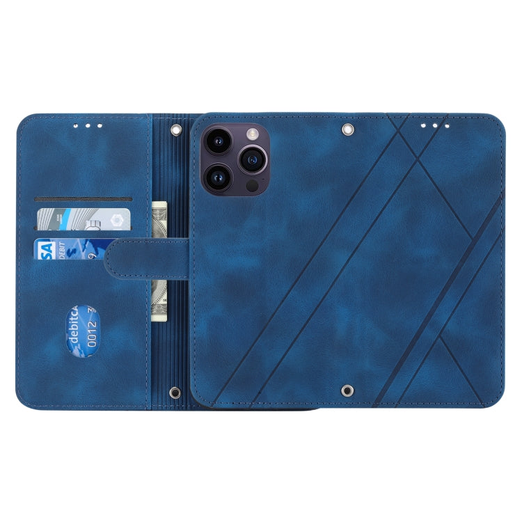 For iPhone 16 Pro Max Embossed Line Leather Phone Case with Lanyard
