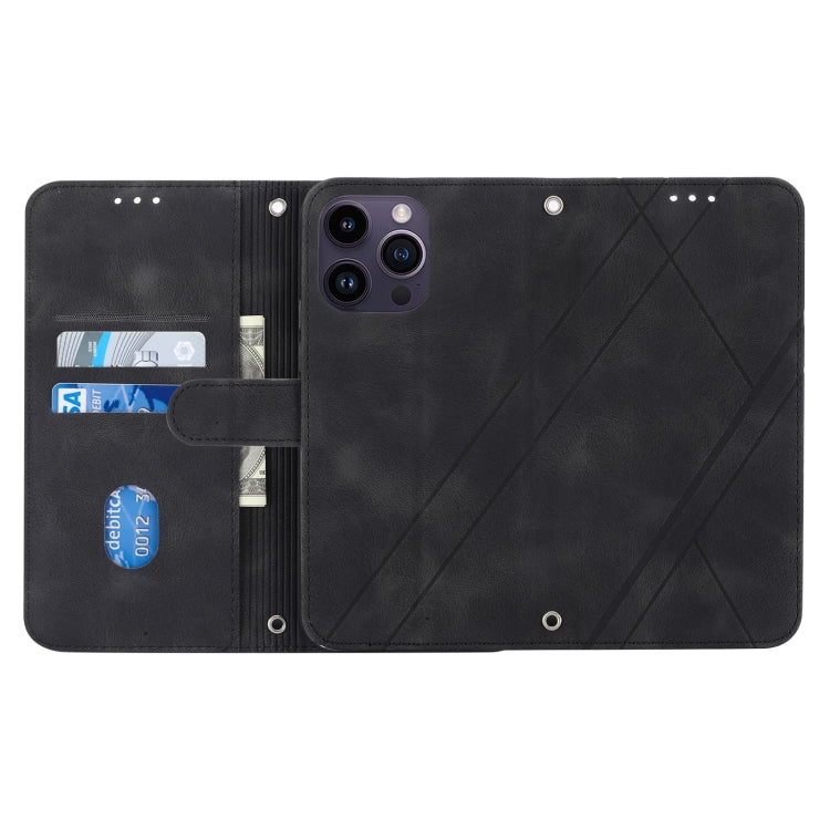 For iPhone 16 Pro Max Embossed Line Leather Phone Case with Lanyard
