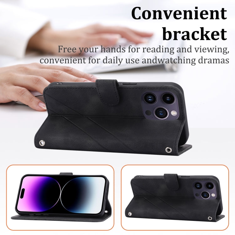For iPhone 16 Pro Max Embossed Line Leather Phone Case with Lanyard