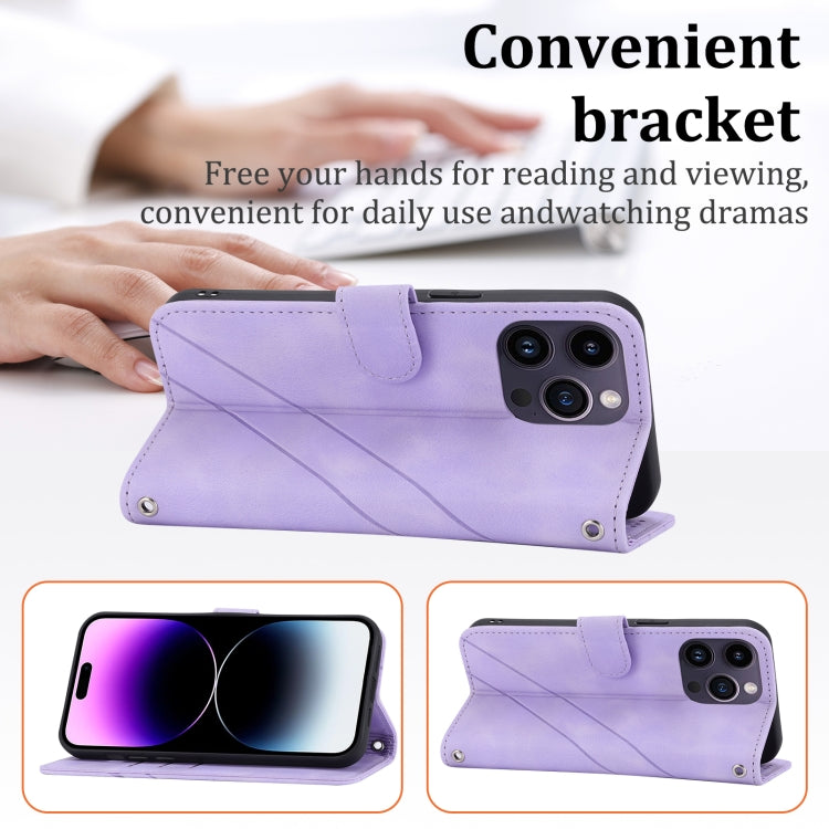 For iPhone 16 Pro Embossed Line Leather Phone Case with Lanyard