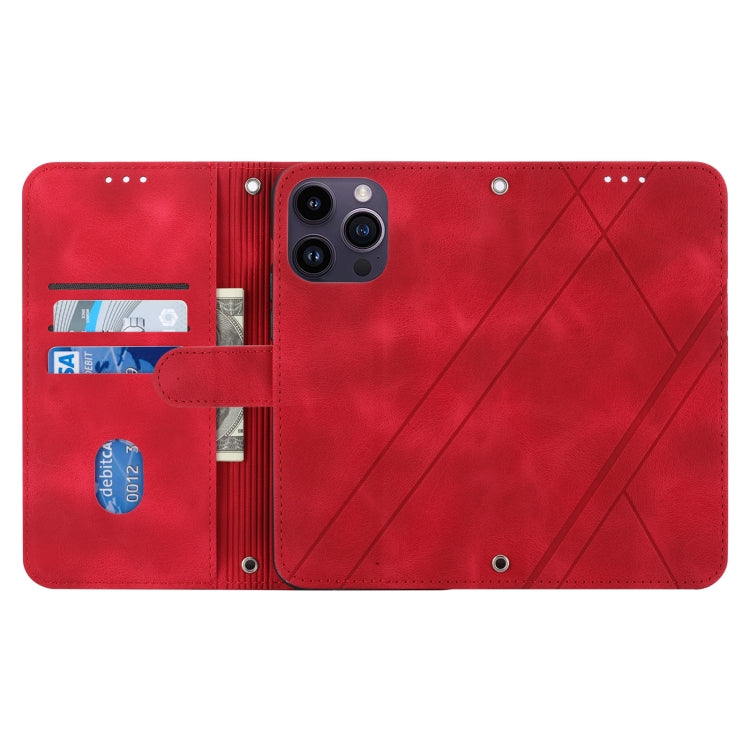 For iPhone 16 Pro Embossed Line Leather Phone Case with Lanyard