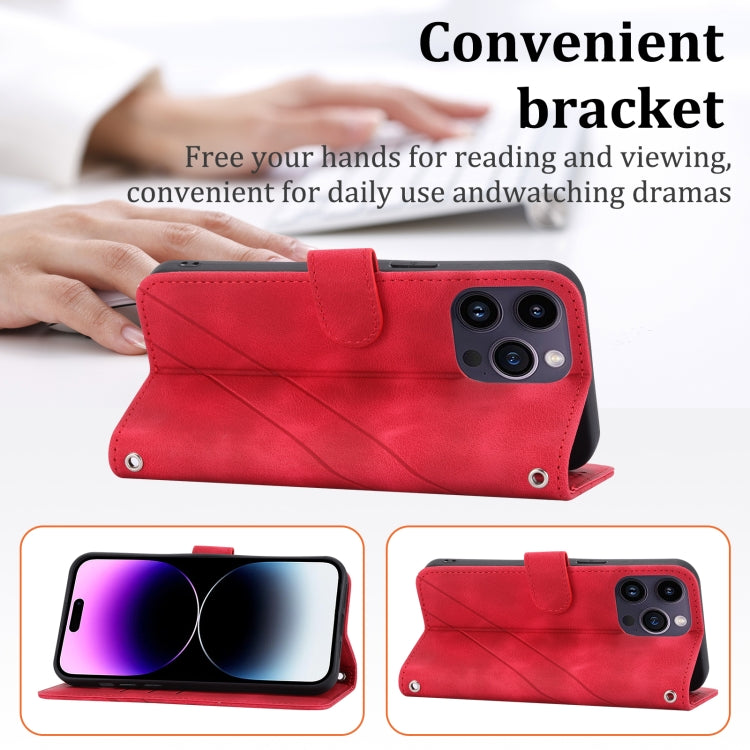 For iPhone 16 Pro Embossed Line Leather Phone Case with Lanyard