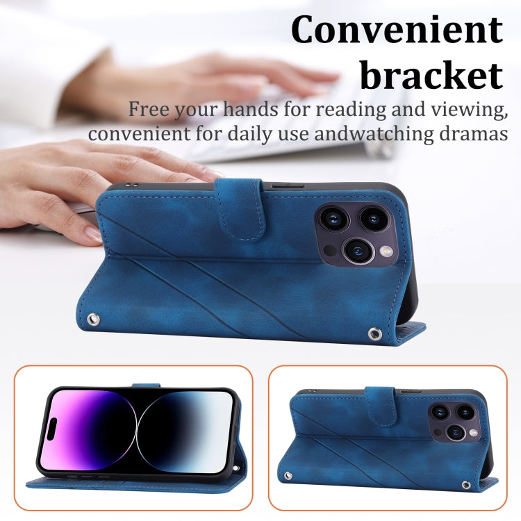 For iPhone 16 Pro Embossed Line Leather Phone Case with Lanyard