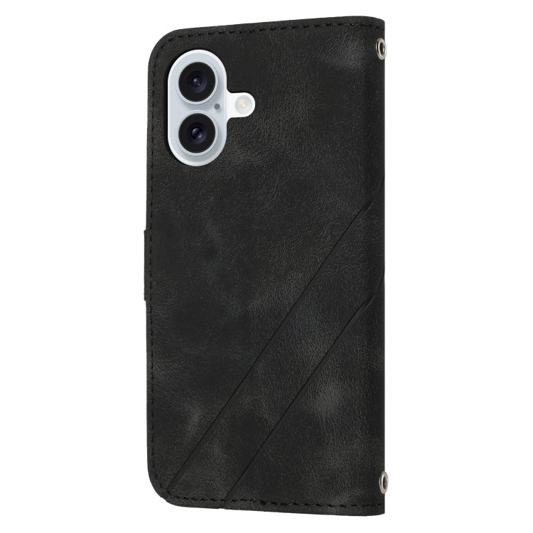 For iPhone 16 Embossed Line Leather Phone Case with Lanyard