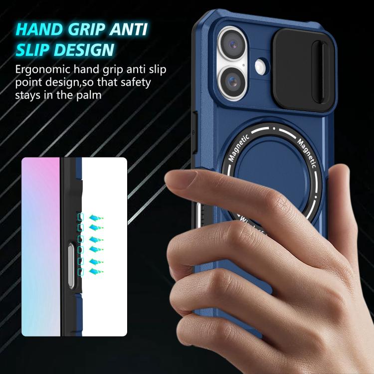 For iPhone 16 Plus Sliding Camshield MagSafe Holder TPU Hybrid PC Phone Case
