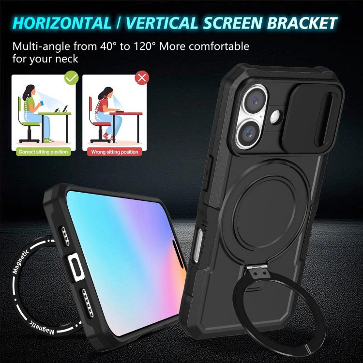 For iPhone 16 Sliding Camshield MagSafe Holder TPU Hybrid PC Phone Case