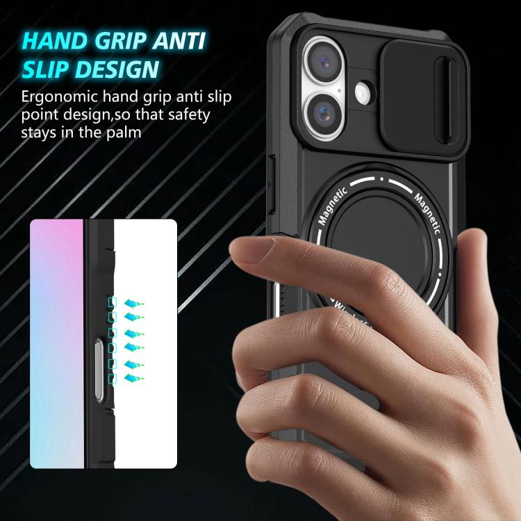 For iPhone 16 Sliding Camshield MagSafe Holder TPU Hybrid PC Phone Case