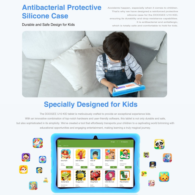 [HK Warehouse] DOOGEE U10 KID Tablet 10.1 inch, 9GB+128GB, Android 13 RK3562 Quad Core Support Parental Control, Global Version with Google Play, EU Plug(Blue)