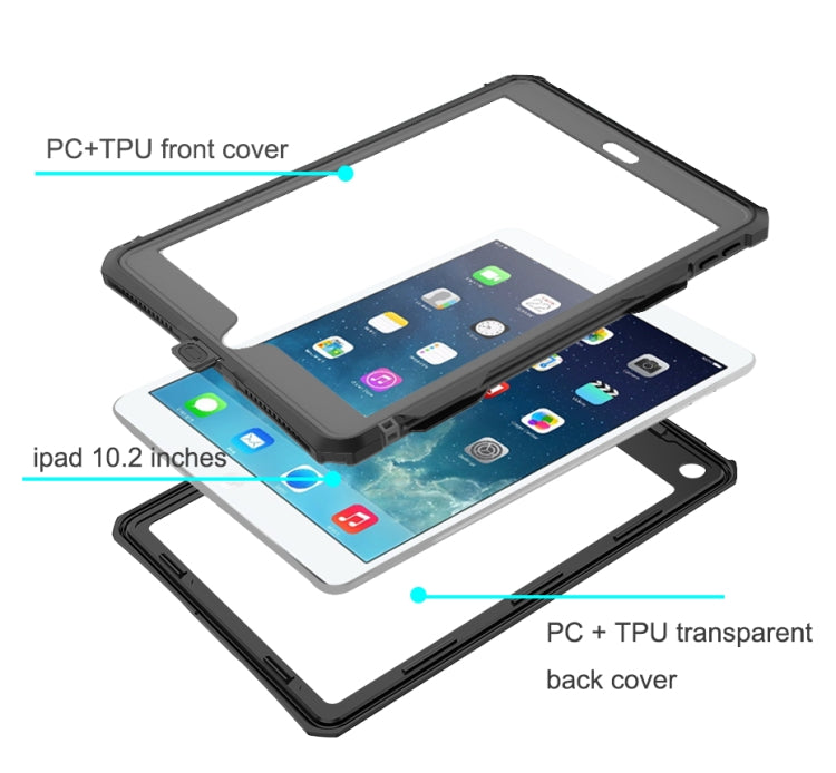 For iPad 10.2 RedPepper Shockproof Waterproof PC + TPU Protective Case with Lanyard & Pen Tray & Holder(Black)