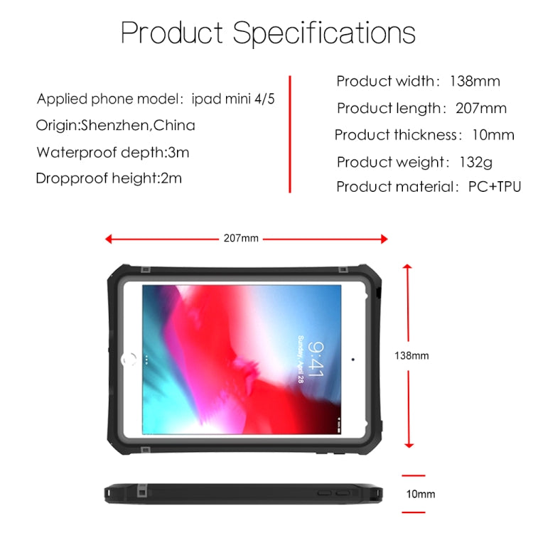 For iPad mini (2019) RedPepper Shockproof Waterproof PC + TPU Protective Case with Lanyard & Holder(Black)