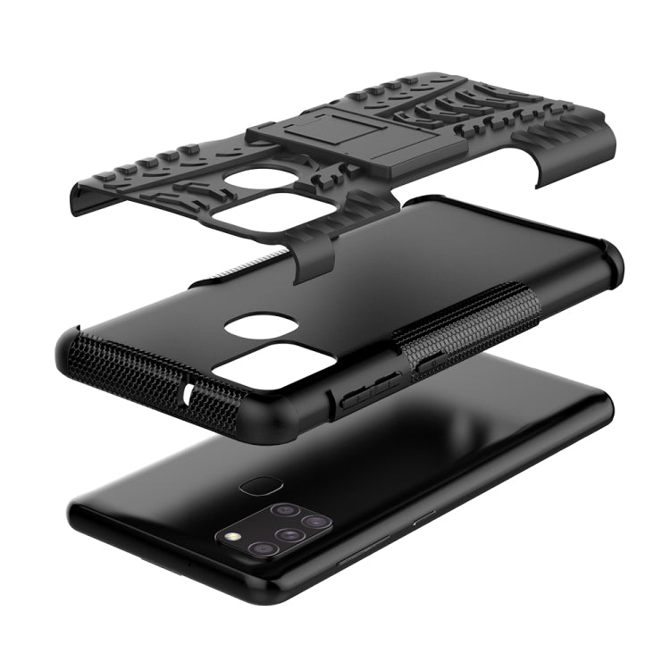 For Samsung Galaxy A21s Tire Texture Shockproof TPU+PC Protective Case with Holder