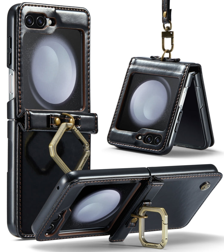 For Samsung Galaxy Z Flip5 CaseMe 003 PU + PC Business Style Crazy Horse Texture Ring Leather Phone Case with Lanyard