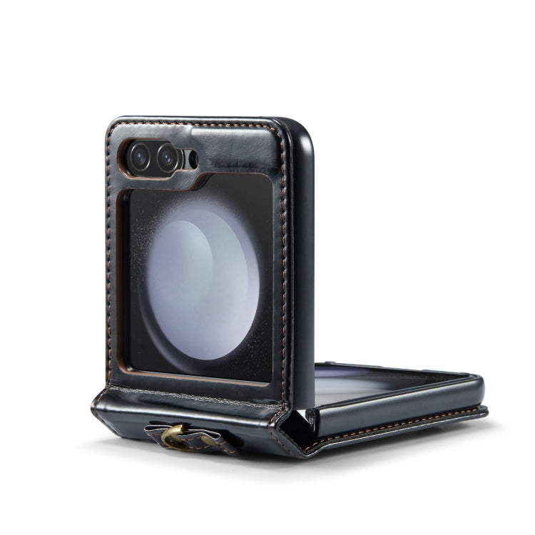 For Samsung Galaxy Z Flip5 CaseMe 003 PU + PC Business Style Crazy Horse Texture Ring Leather Phone Case with Lanyard