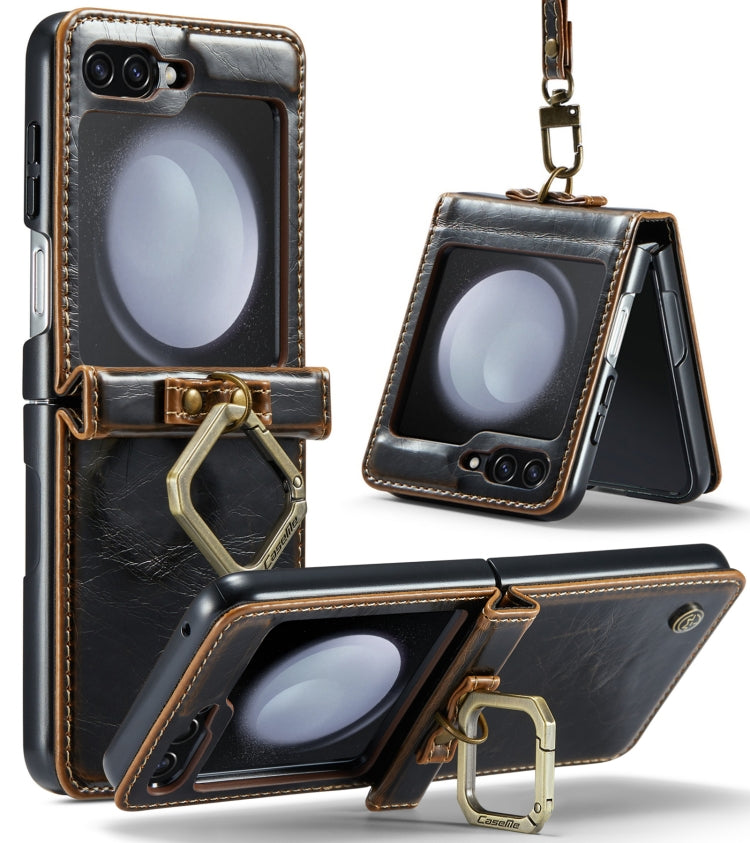 For Samsung Galaxy Z Flip5 CaseMe 003 PU + PC Business Style Crazy Horse Texture Ring Leather Phone Case with Lanyard