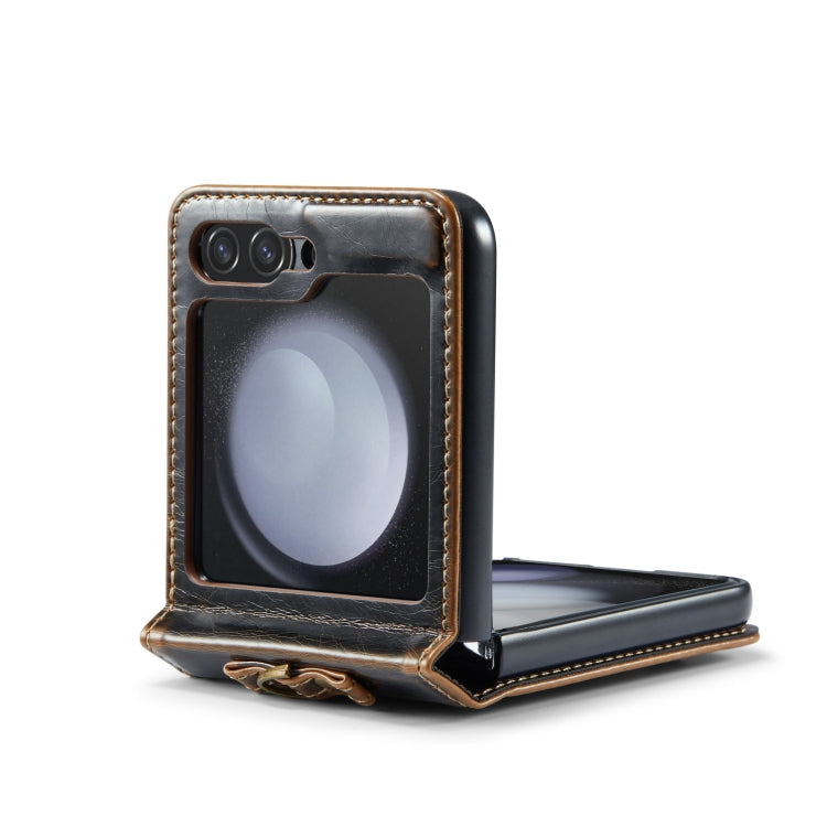 For Samsung Galaxy Z Flip5 CaseMe 003 PU + PC Business Style Crazy Horse Texture Ring Leather Phone Case with Lanyard