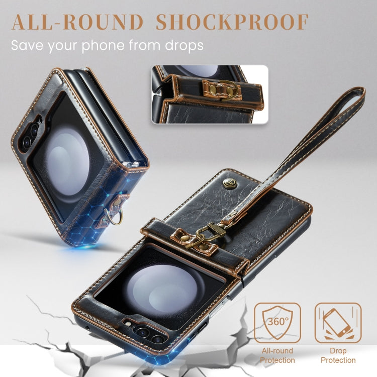 For Samsung Galaxy Z Flip5 CaseMe 003 PU + PC Business Style Crazy Horse Texture Ring Leather Phone Case with Lanyard