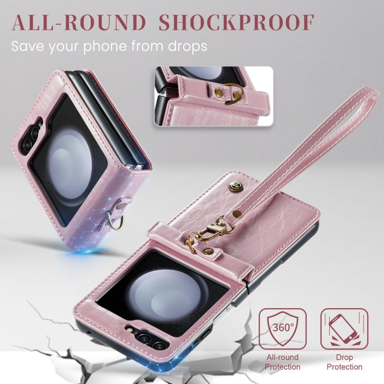 For Samsung Galaxy Z Flip5 CaseMe 003 PU + PC Business Style Crazy Horse Texture Ring Leather Phone Case with Lanyard