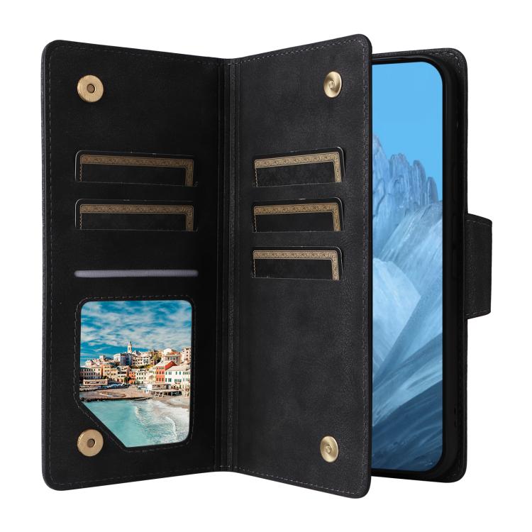 For Google Pixel 10 / 10 Pro Rivet Buckle 9 Cards Three Fold Leather Phone Case