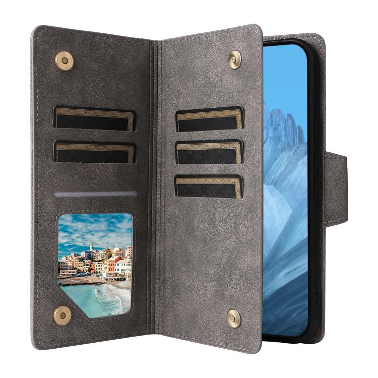 For Google Pixel 10 / 10 Pro Rivet Buckle 9 Cards Three Fold Leather Phone Case