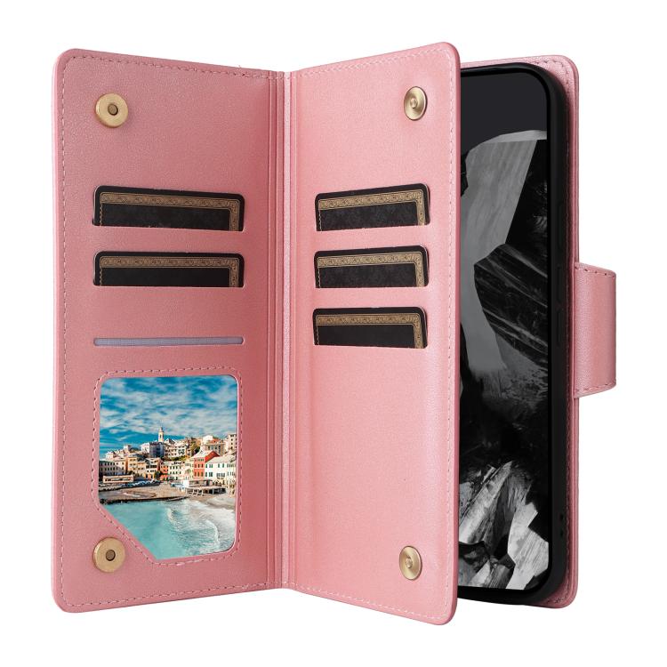 For Google Pixel 10 Pro XL / 9 Pro XL Rivet Buckle 9 Cards Three Fold Leather Phone Case