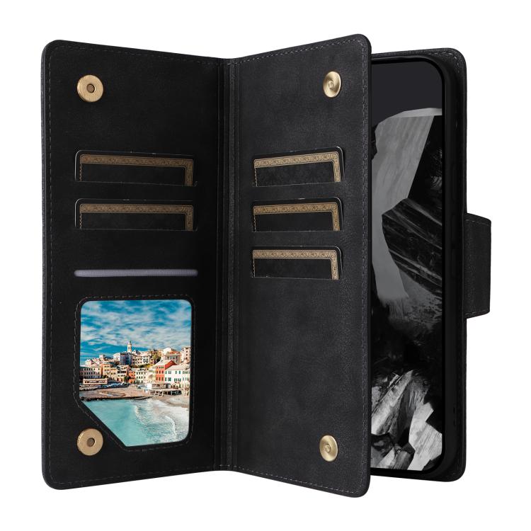 For Google Pixel 10 Pro XL / 9 Pro XL Rivet Buckle 9 Cards Three Fold Leather Phone Case