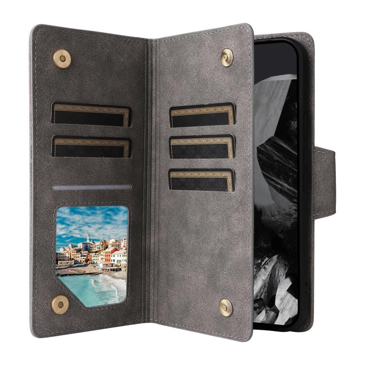For Google Pixel 10 Pro XL / 9 Pro XL Rivet Buckle 9 Cards Three Fold Leather Phone Case