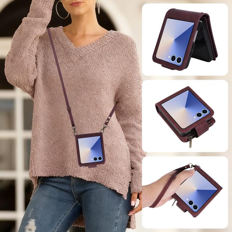 For Samsung Galaxy Z Flip7 5G Crossbody Multi-card Slot Wallet Zipper Leather Phone Case