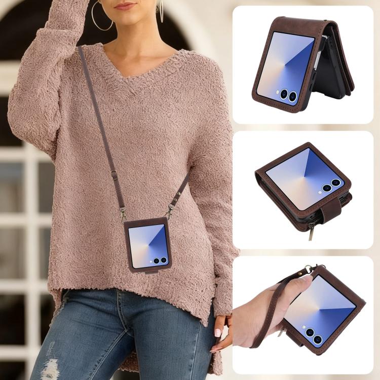 For Samsung Galaxy Z Flip7 5G Crossbody Multi-card Slot Wallet Zipper Leather Phone Case