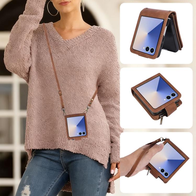 For Samsung Galaxy Z Flip7 5G Crossbody Multi-card Slot Wallet Zipper Leather Phone Case