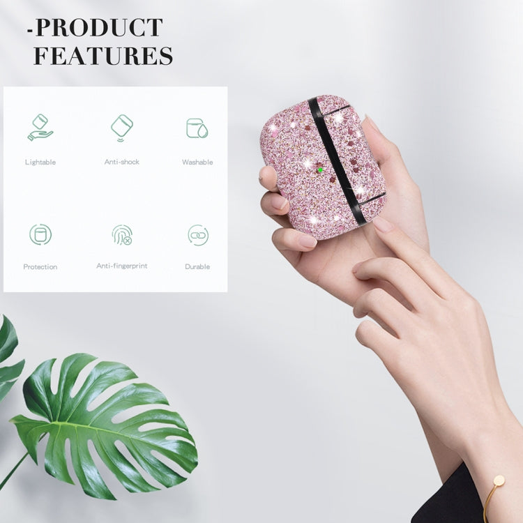 For AirPods Pro PC + PU Love-heart Shape Glitter Earphone Protective Case with Hook