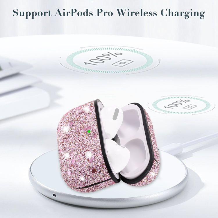 For AirPods Pro PC + PU Love-heart Shape Glitter Earphone Protective Case with Hook