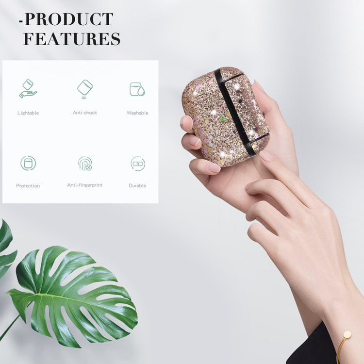 For AirPods Pro PC + PU Love-heart Shape Glitter Earphone Protective Case with Hook