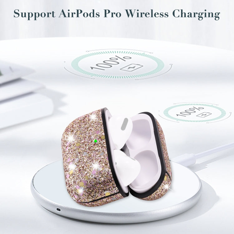 For AirPods Pro PC + PU Love-heart Shape Glitter Earphone Protective Case with Hook