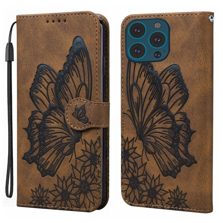 For iPhone 15 Pro Retro Skin Feel Butterflies Embossing Leather Phone Case