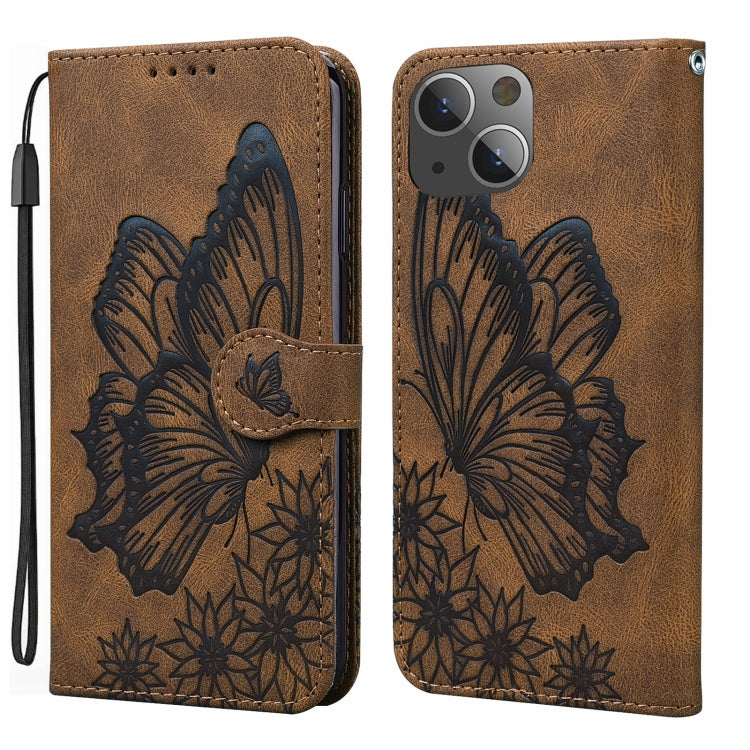 For iPhone 15 Plus Retro Skin Feel Butterflies Embossing Leather Phone Case