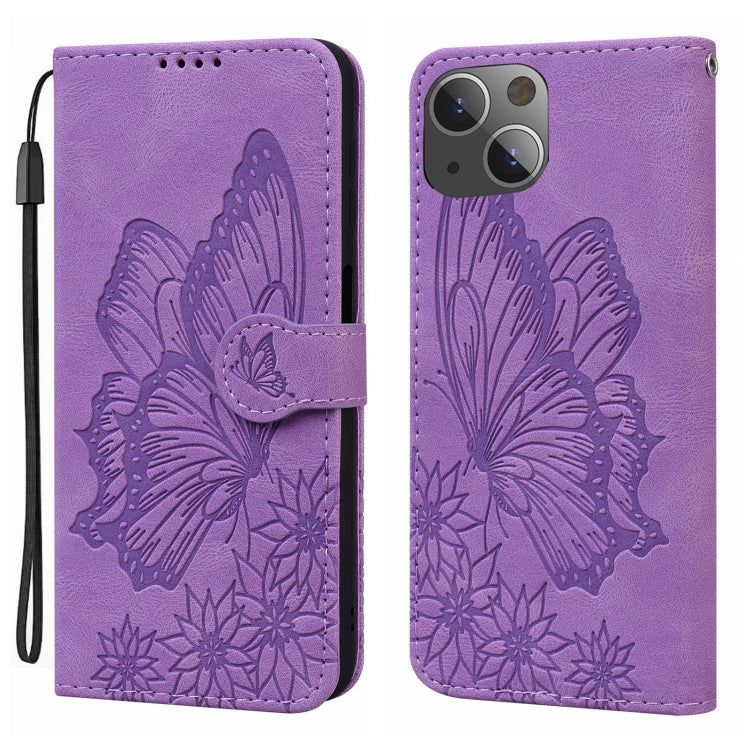 For iPhone 15 Plus Retro Skin Feel Butterflies Embossing Leather Phone Case
