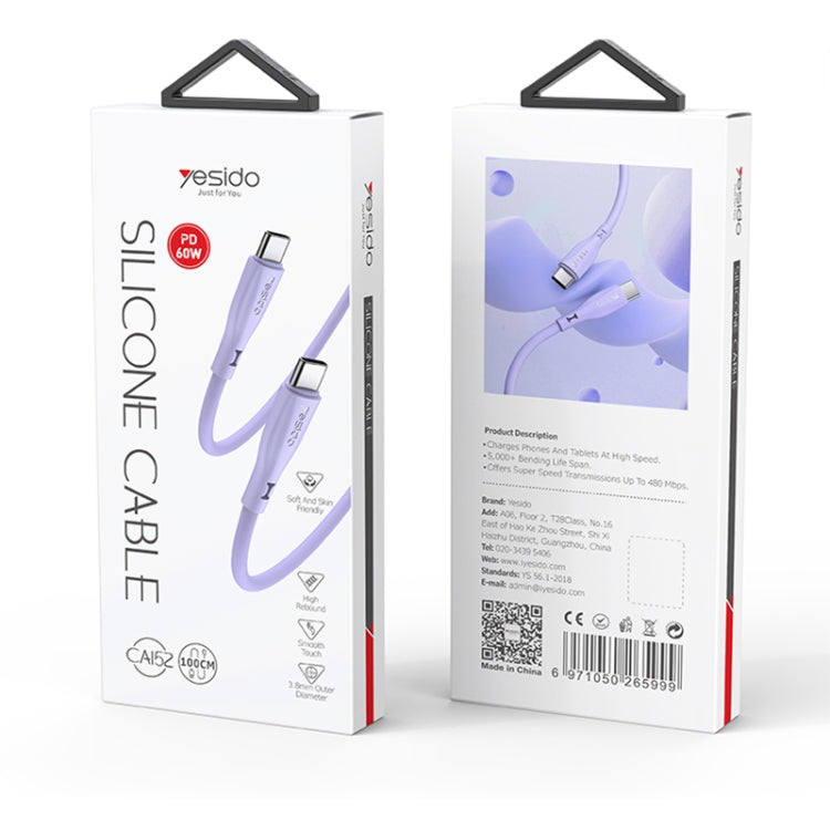 Yesido CA152 PD 60W USB-C / Type-C to USB-C / Type-C Silicone Charging Data Cable, Length: 1m(Purple)