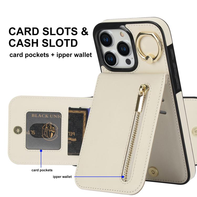 For iPhone 15 Pro Retro Ring and Zipper RFID Card Slot Phone Case